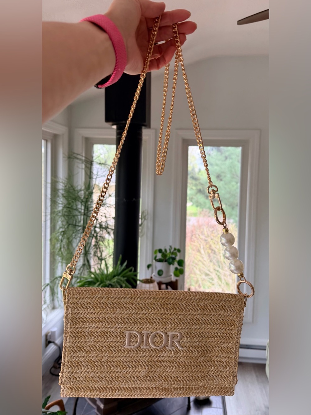 Dior Woven Raffia Fold Over Pouch w Gold Tone Chain & Pearls SEALED/NEW in Box